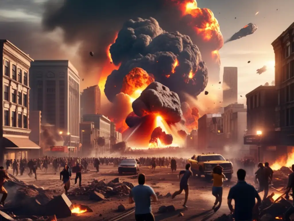 Earth's demise in a photorealistic image - people run, buildings crumble, debris billows, and chaos reigns