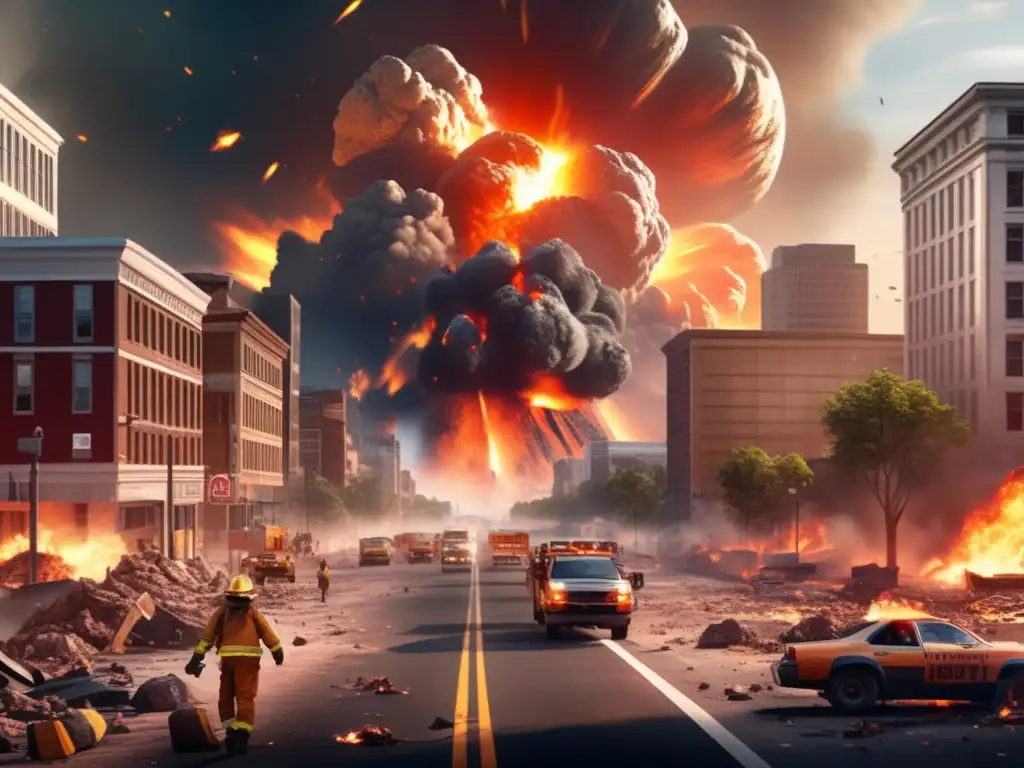 A photorealistic depiction of a massive asteroid impact on a bustling cityscape, capturing the chaos and devastation of the aftermath