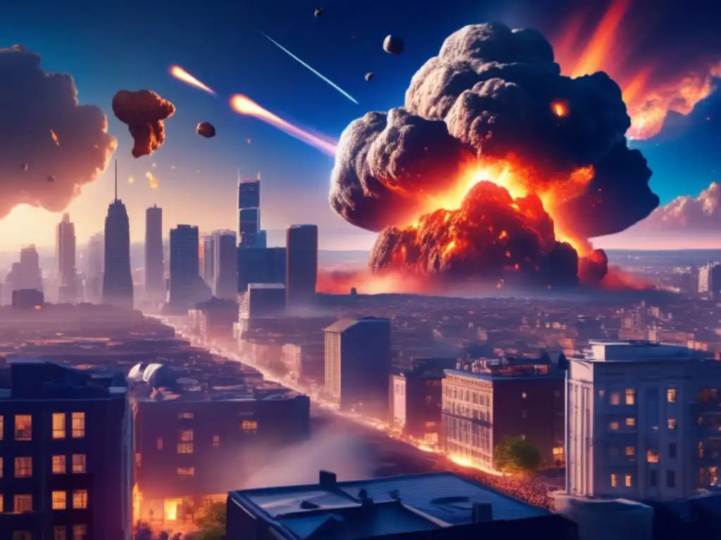Dash: A city on fire as a massive asteroid collides in the distance, causing eye-popping explosions and crumbling buildings in the foreground
