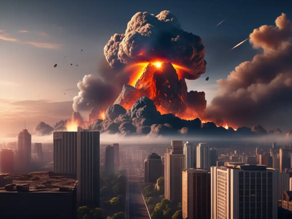 A panoramic view of a destructive asteroid impact on a cityscape, with buildings and structures collapsing and smoke billowing into the sky