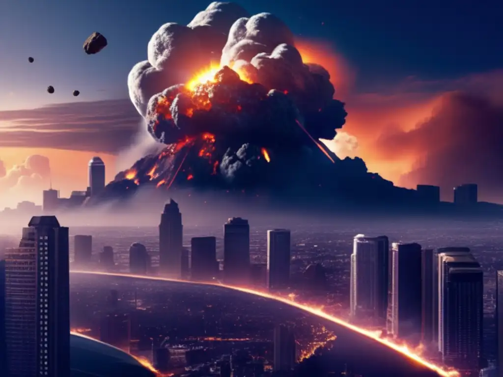 A catastrophic asteroid impacts a city skyline, causing buildings to crumble and leaving smoke and debris in its wake