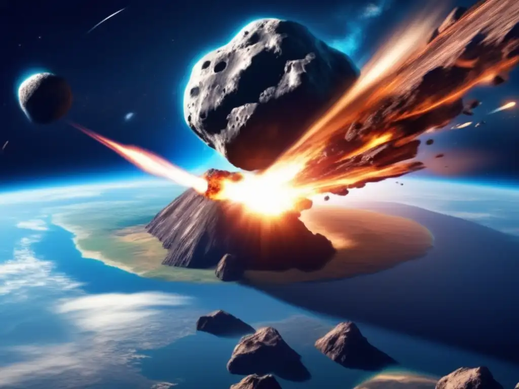 A photorealistic depiction of an asteroid strike on Earth, where both the asteroid and planet are clearly visible