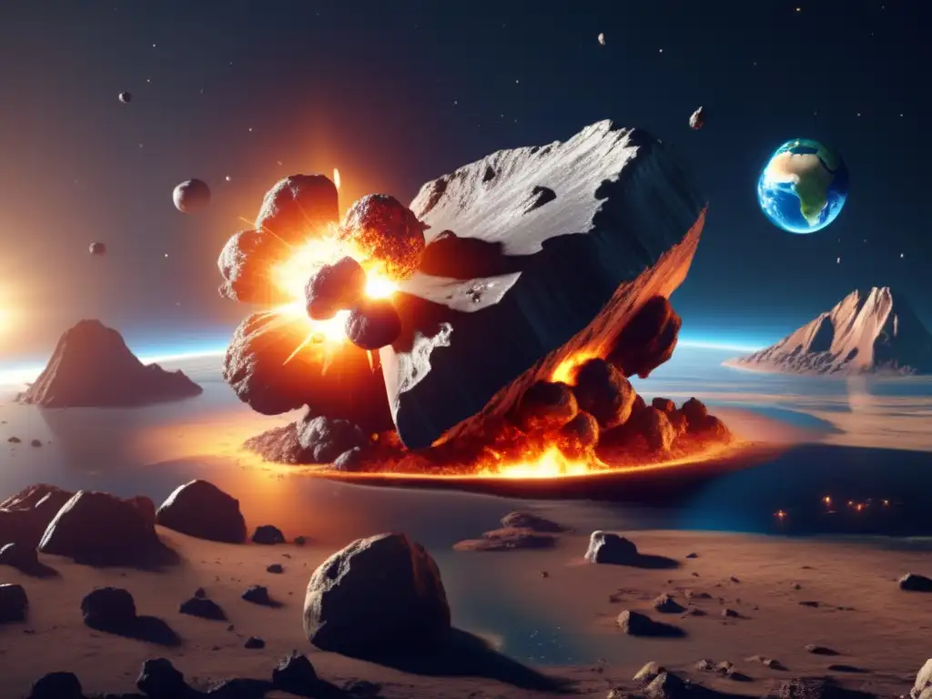 An artistically rendered 3D model of an asteroid colliding with Earth in photorealistic style, with the planet Earth in the foreground and the asteroid clearly visible in the background