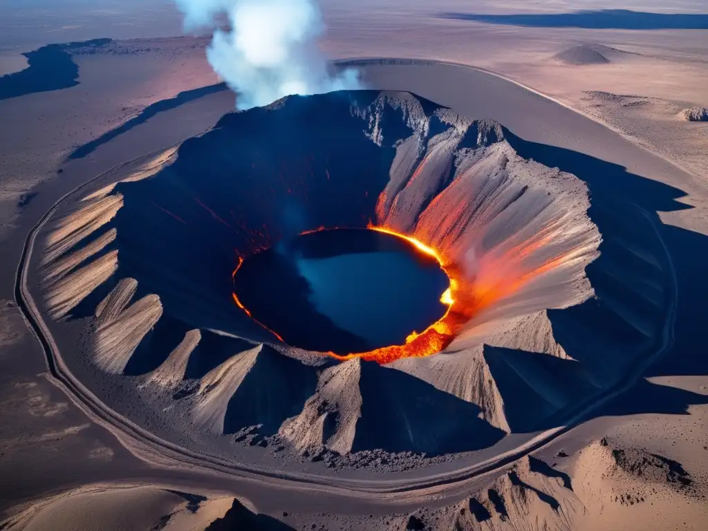 A dramatic scene of a massive asteroid impact, surrounded by lava flows and rock formations, with jagged edges and deep grooves