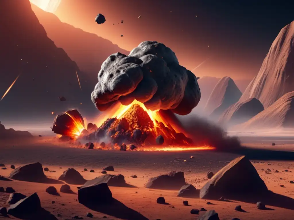 Dash: An awe-inspiring image of an asteroid strike: a colossal blast crater, hurtling debris, and desolate geological scarring on a planet's surface