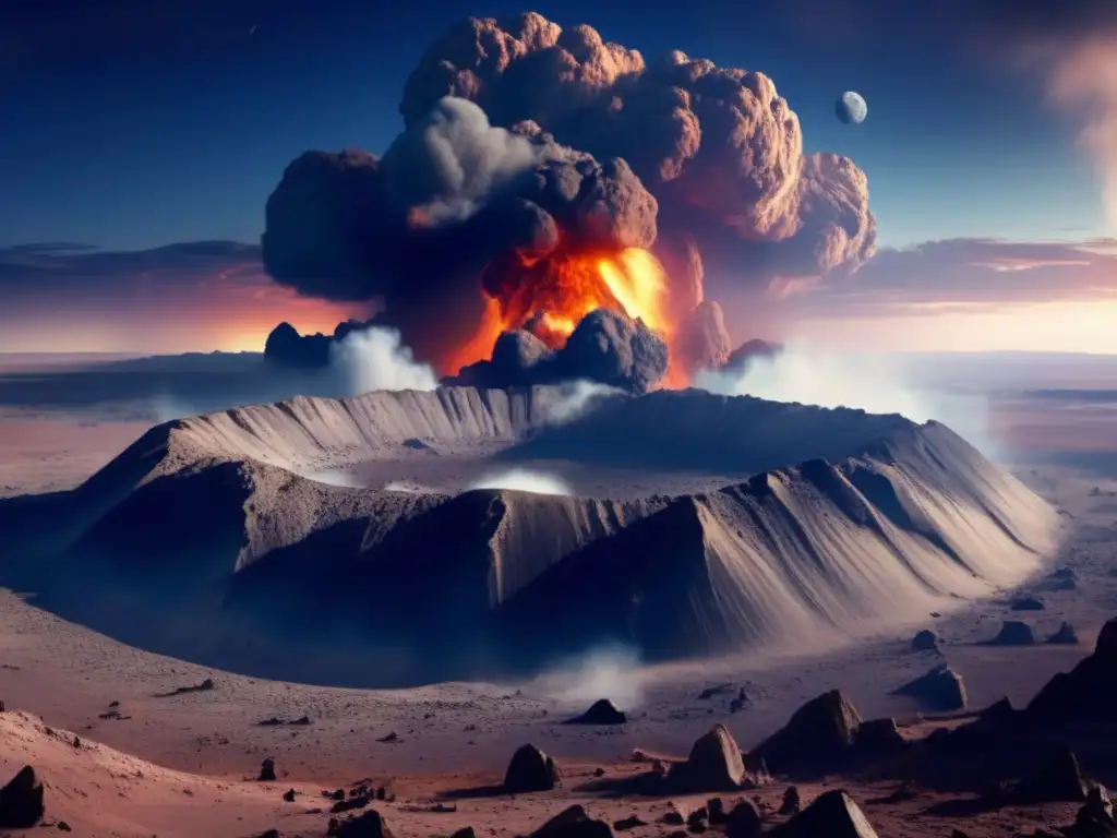 A catastrophic asteroid impact crater has pierced through Earth's surface, leaving behind a desolate and barren landscape