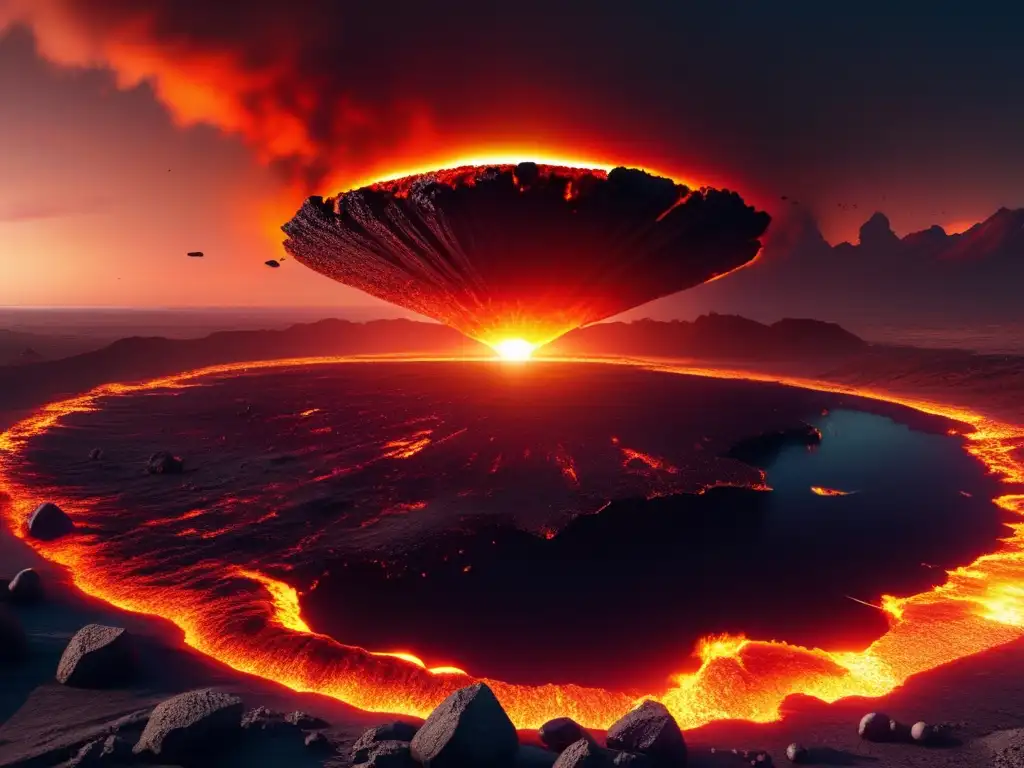 A fiery crater at dawn, superimposed onto a postapocalyptic world landscape