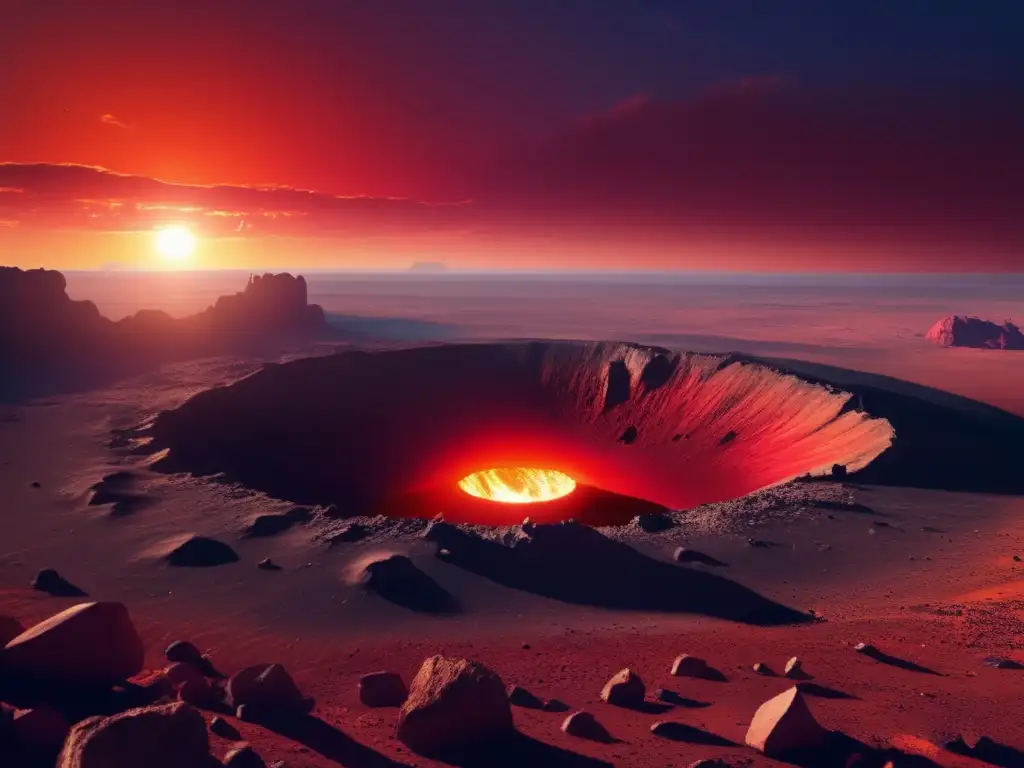 A breathtaking view of a massive asteroid impact crater, with molten rock and distorted terrain surrounding it