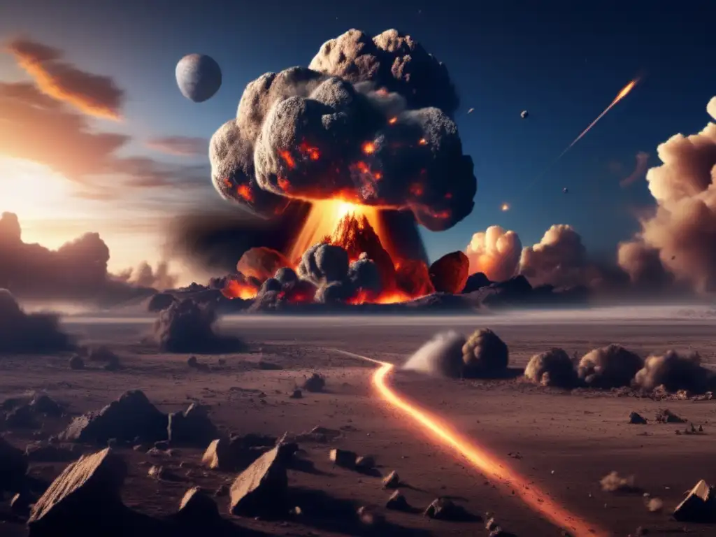 A breathtaking image captures the moment of impact: an asteroid crashing into the Earth with a powerful explosion, causing widespread devastation and destruction