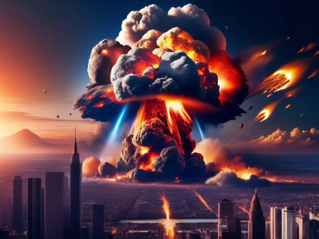 A terrifying asteroid crashes into Earth, causing widespread destruction with scorching fire, smoke, and debris pouring down on cities and landscapes