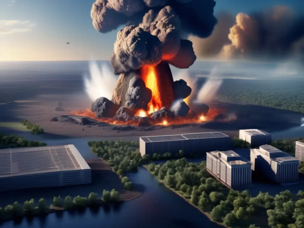 An photorealistic illustration of an asteroid impact site on Earth, depicting the sheer force and extent of the devastation caused by a massive extraterrestrial rock colliding with the planet's surface