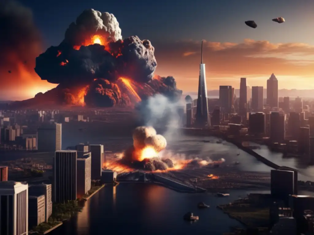 A photorealistic image of an asteroid impact on Earth, where a focus on the destruction caused in a cityscape is prominent