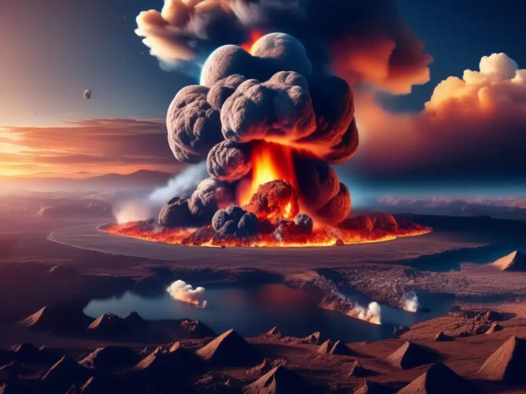 An immense asteroid impact on Earth's surface, causing widespread destruction, debris, flames, & smoke