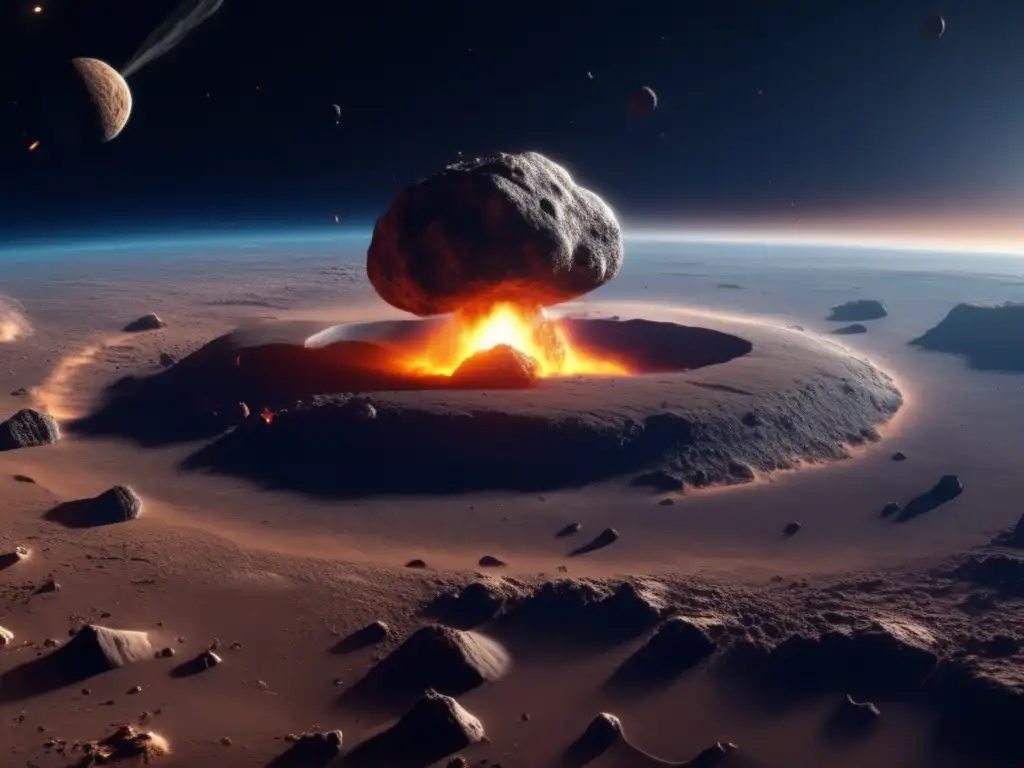 A photorealistic depiction of an asteroid impact on a planet, showcasing the devastation wrought by the collision from every angle