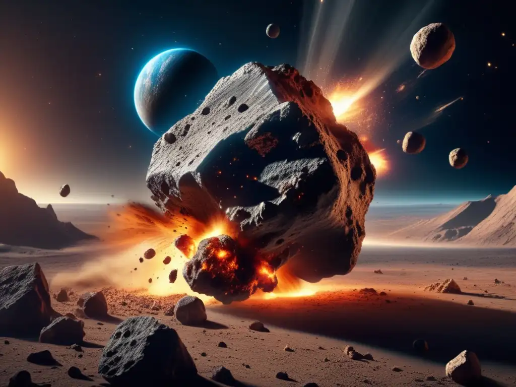 A mesmerizing visual of a past asteroid collision with close-up details of the asteroids' violent impact, visible dust and debris exploding in space beneath the crumbling planet, reflecting dynamic motion and intense light, evoking a sense of awe and wonder