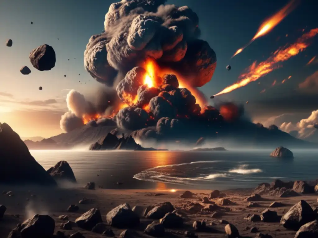 Asteroid impact on Earth wreaks havoc, visible epicenter triggers massive tsunamis, fires, and ash clouds across continents