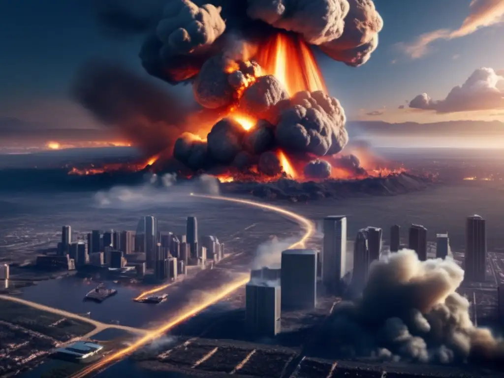 A photorealistic depiction of an asteroid impact on Earth, causing widespread devastation and destruction