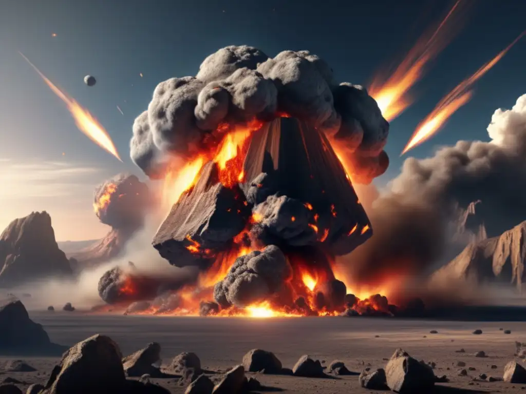 A photorealistic depiction of a massive asteroid impact on Earth, revealing the Earth's surface crumbling in a matter of seconds