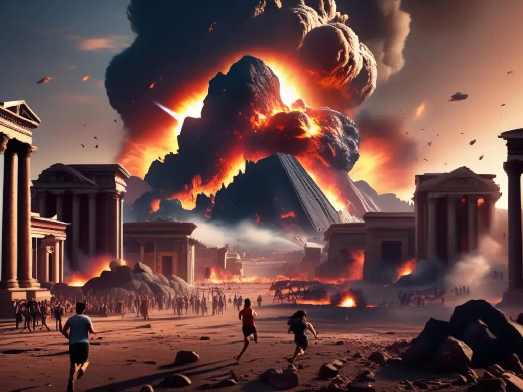 A photorealistic image of an asteroid impact on a prehistoric civilization
