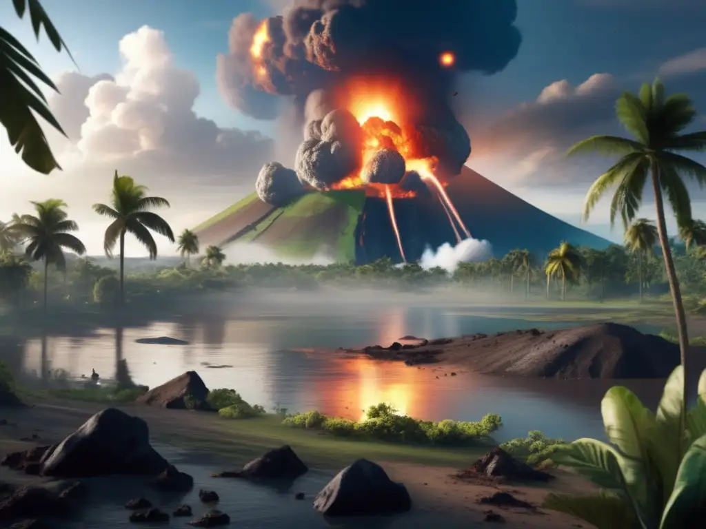 A photorealistic depiction of a massive asteroid impact on a lush tropical landscape