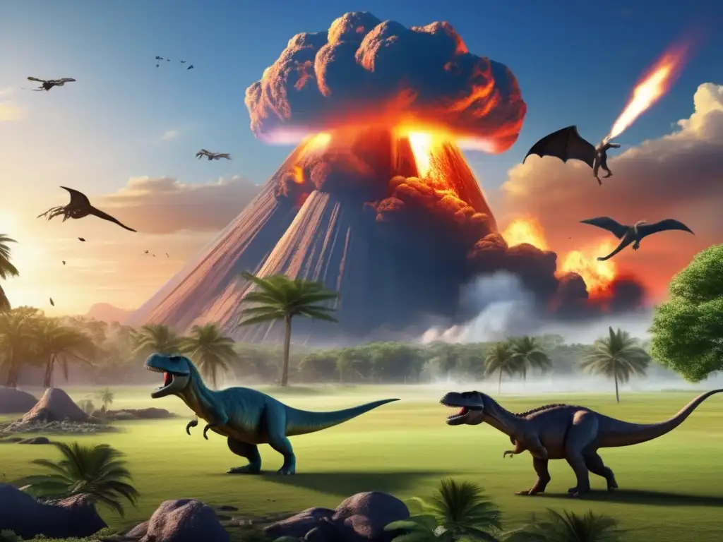 An immersive, photorealistic depiction of a colossal asteroid striking a prehistoric world, leaving a catastrophic wake of destruction in its wake