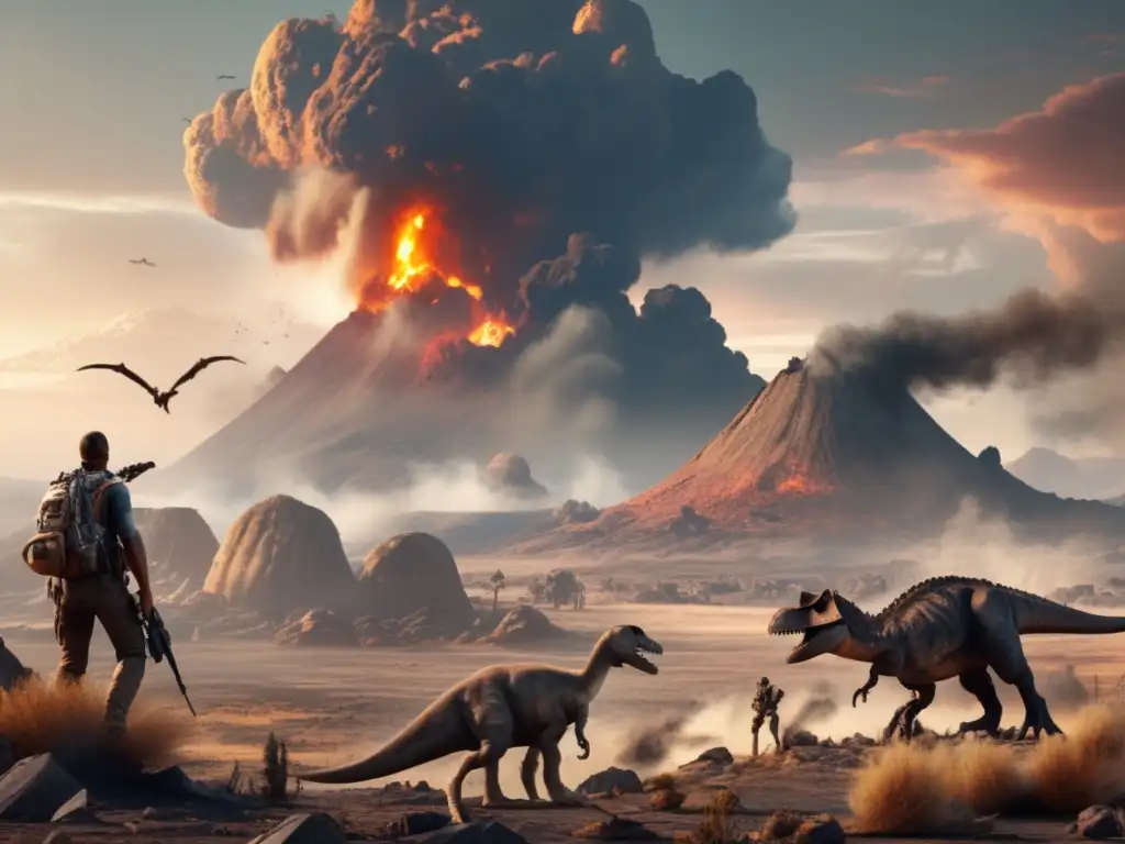 A desolate, post-apocalyptic scene with asteroid impact ruins in the background and pitifully disfigured dinosaur fossils in the foreground