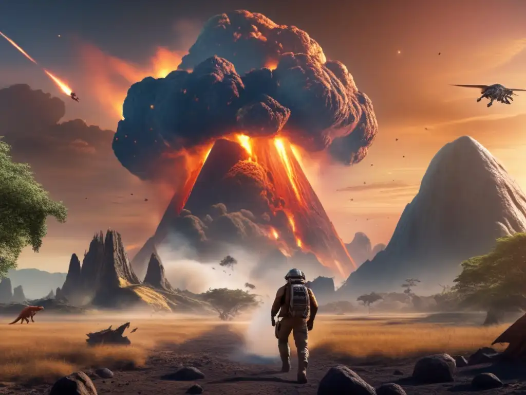 A rogue asteroid obliterates a prehistoric world, leaving a trail of smoke & debris in its wake