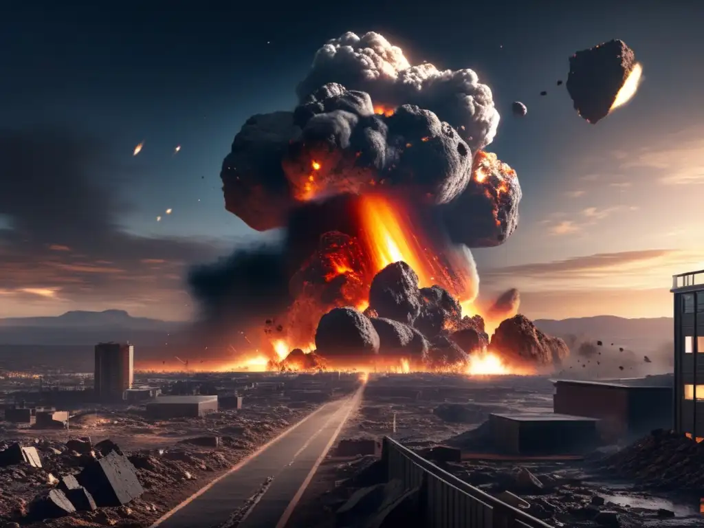 A photorealistic image of an asteroid colliding with Earth, with dramatic lighting and debris scattered across the damaged landscape