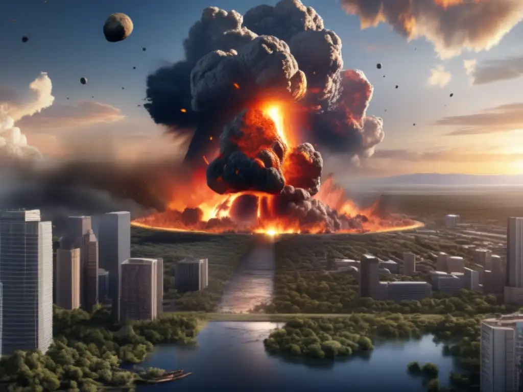 An asteroid impact on Earth is captured in this photorealistic image, showing the devastating effects on landscape, environment, and life forms