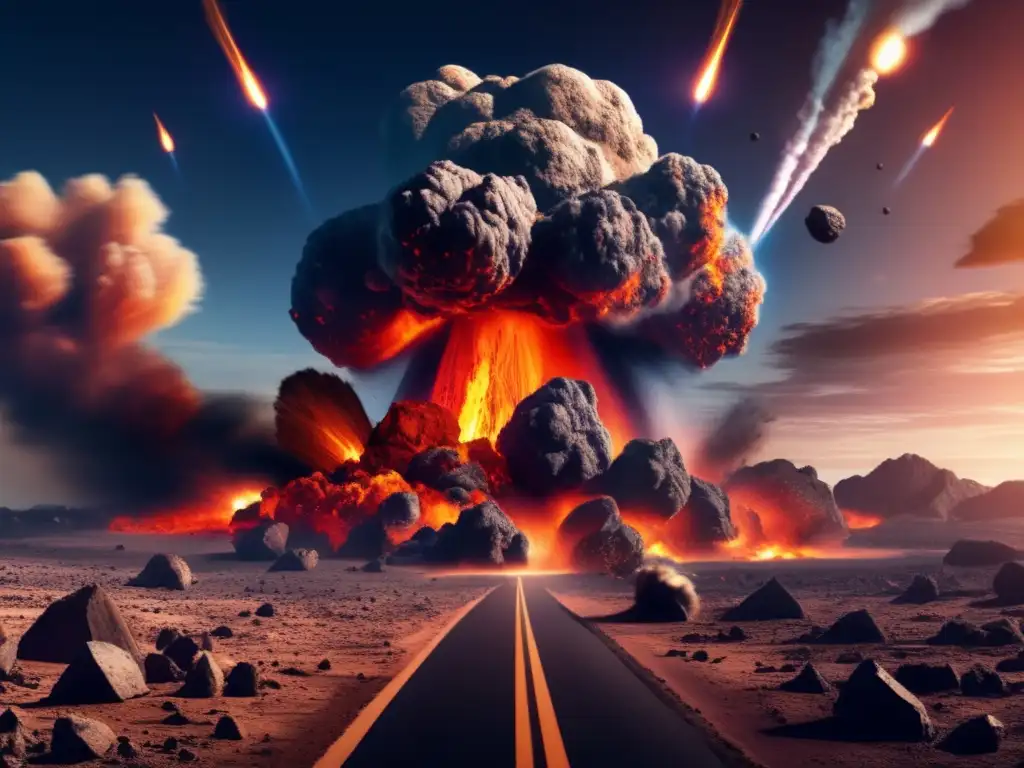 A photorealistic depiction of an asteroid impact on Earth, with shocking details of the fiery explosion, smoke, and debris spreading outwards