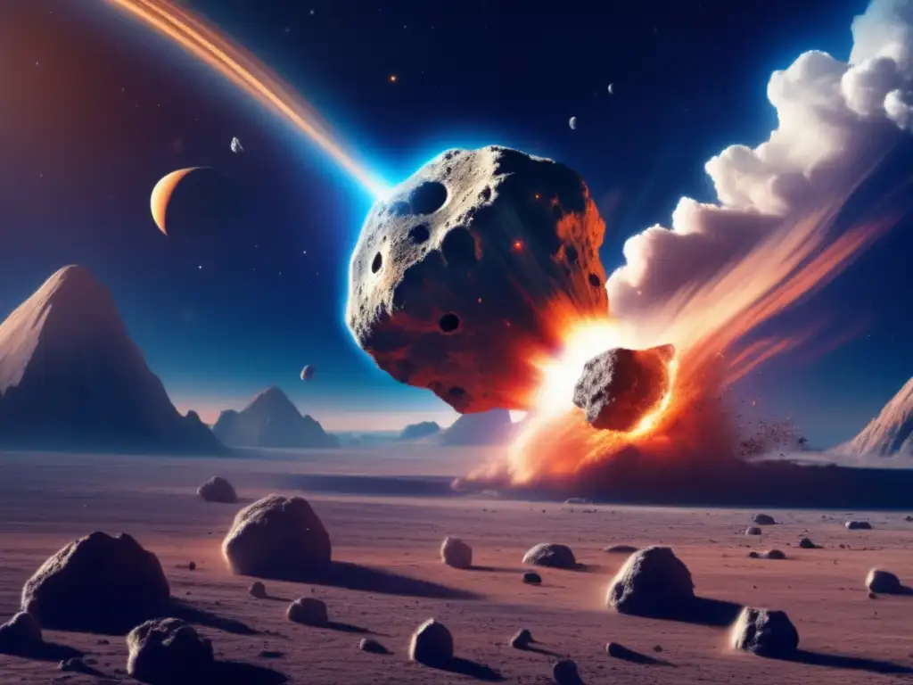 Dash - A photorealistic depiction of an asteroid on a collision course with Earth, its jagged surface and craters visible against the ominous blue sky