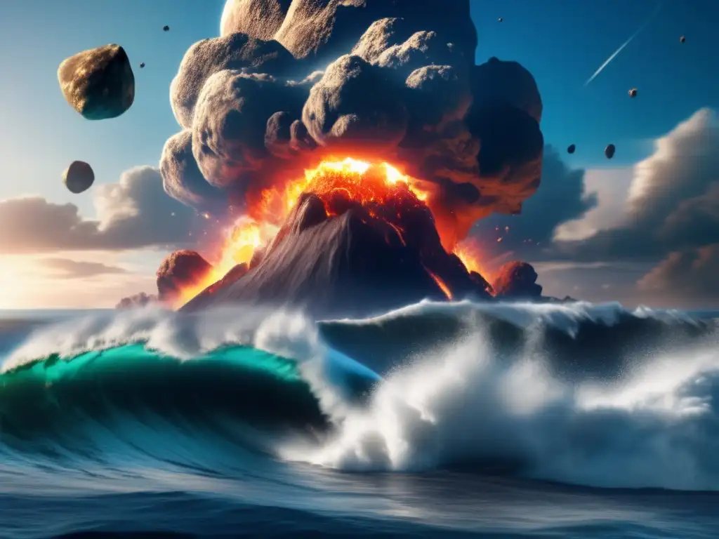 A photorealistic image of an asteroid impact on Earth: a massive wave crashes into the ocean, causing flooding and destruction