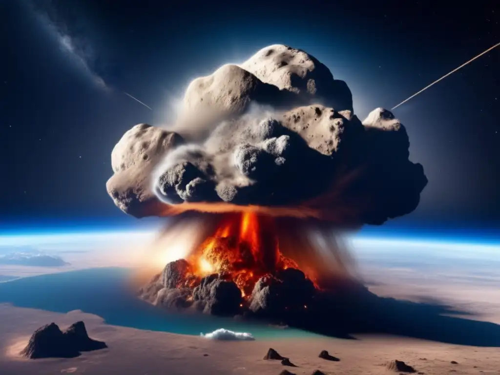 The earth's darkened front when asteroid collided, massively releasing dust, debris and crimson flame