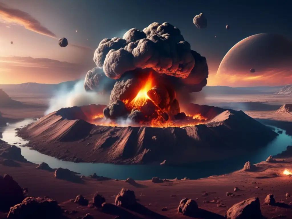 A photorealistic depiction of an asteroid impact on Earth, resulting in a massive crater, smoke, and devastation