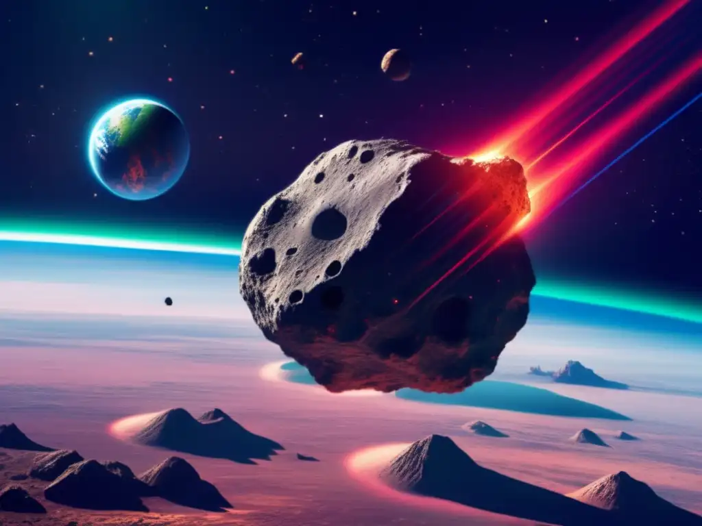 A photorealistic image of an asteroid in orbit, approaching Earth, with a red trail of dust and debris visible behind it