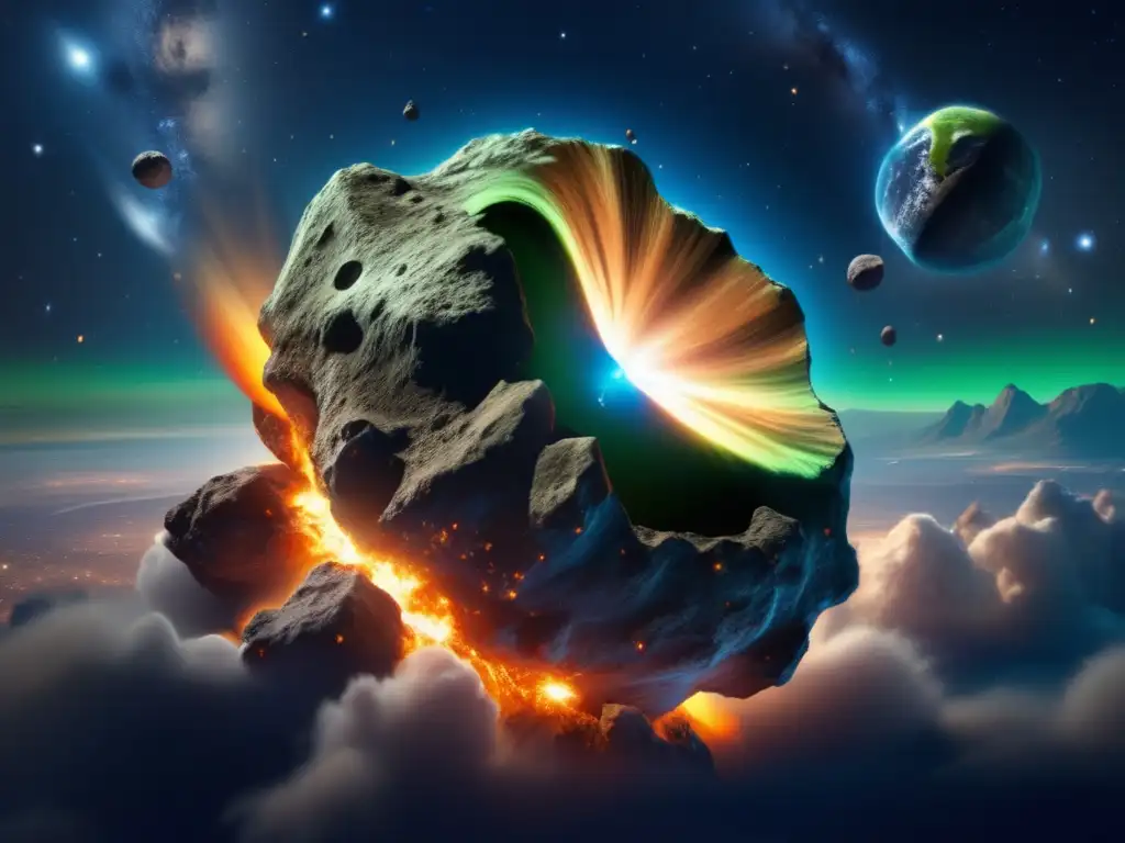 A breathtaking, photorealistic depiction of an asteroid on a collision course with Earth