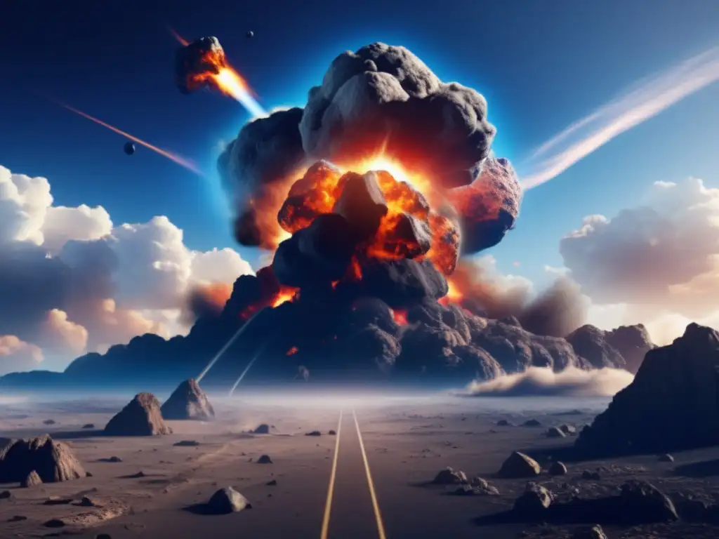 A photorealistic depiction of an asteroid collision with Earth, showcasing the devastating impact and destruction caused