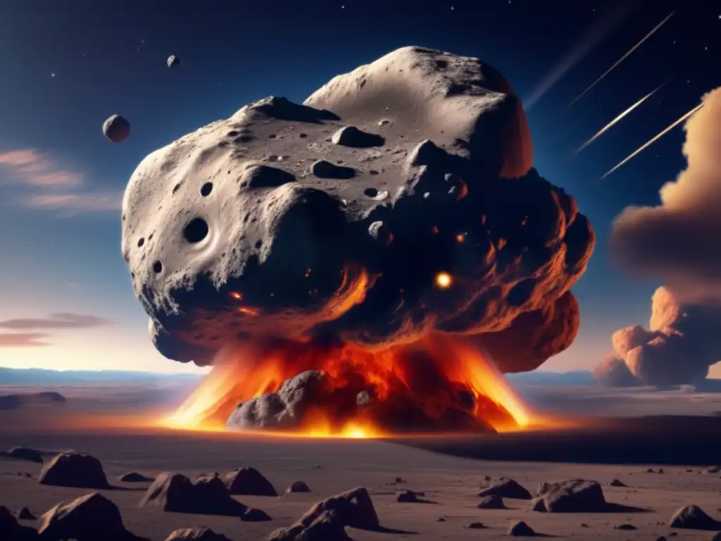 A photorealistic image of a colossal asteroid, 1 km in diameter, obliterating the Earth's landscape