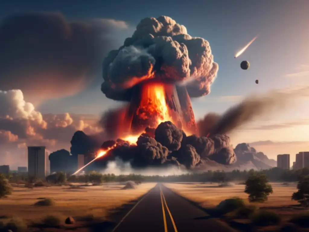 An emotional and highly realistic image of a devastating asteroid impact on Earth, causing widespread destruction to buildings, vegetation, and more