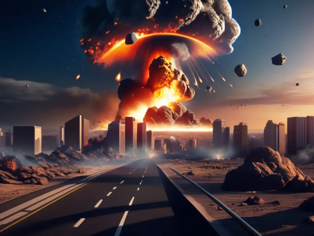 A breathtaking photorealistic depiction of an asteroid impact on Earth shows the trajectory, point of impact, and resulting explosion and fire