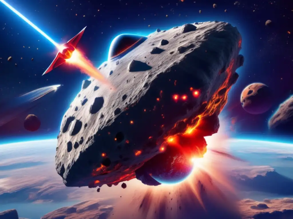 A harrowing photorealistic depiction of a massive asteroid, speeding towards Earth sized-spaceship protects it, as bright blue star illuminates path