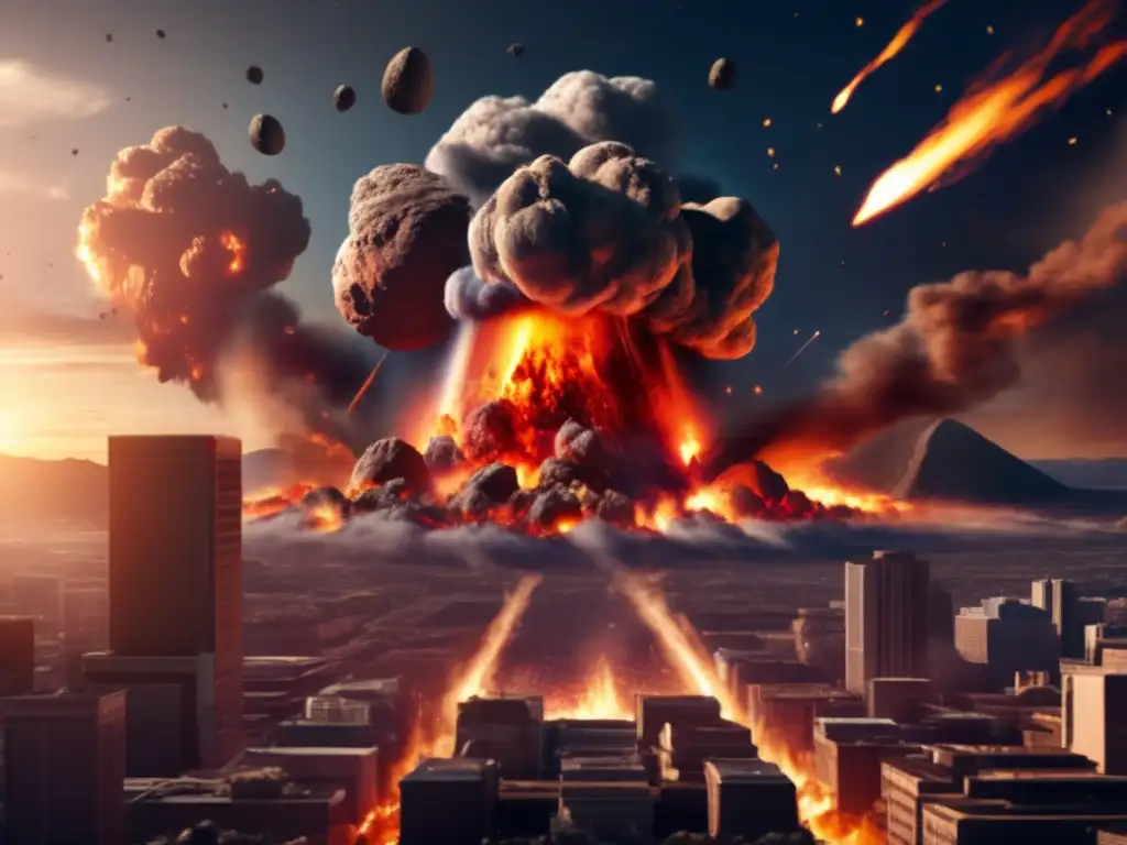 A photorealistic image depicts an asteroid impacting Earth, causing widespread devastation and destruction