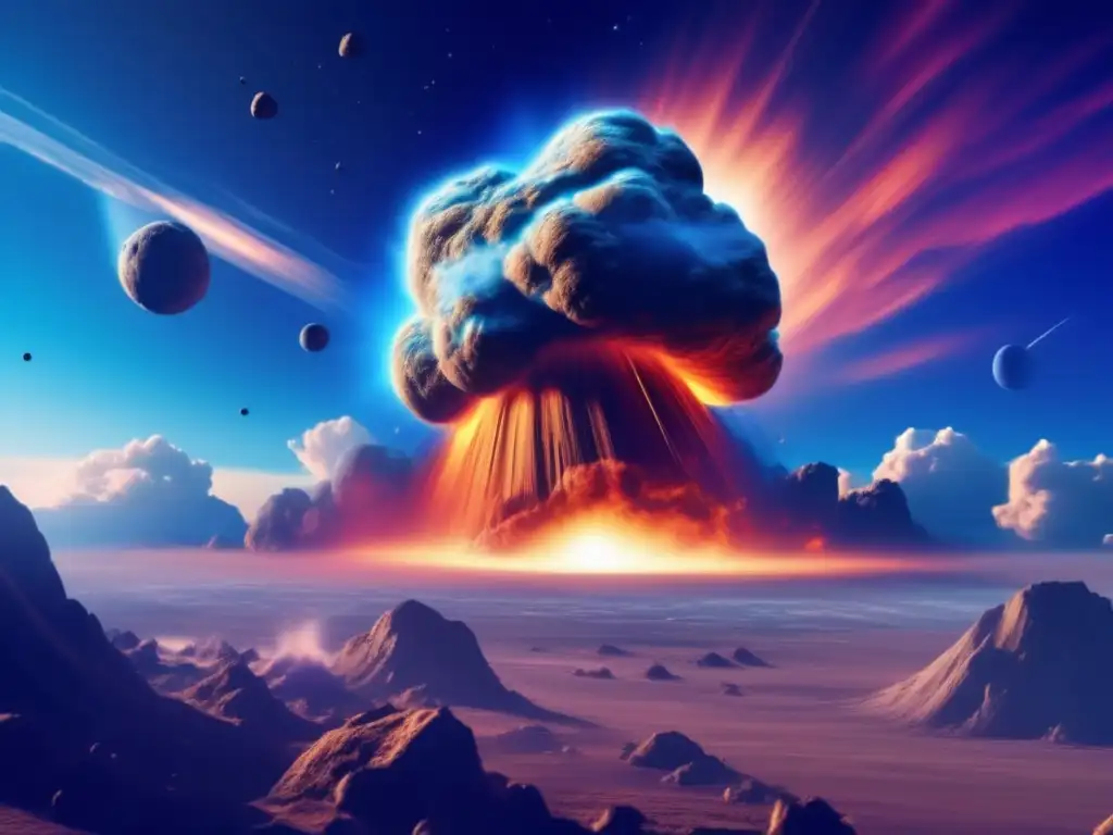 An asteroid collides with the early Earth, causing a transformation in the planet's atmosphere and leading to the formation of the first life forms