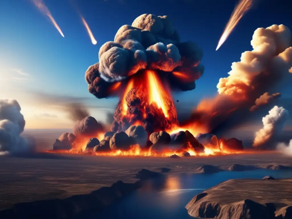 An 8k ultradetailed image of a catastrophic asteroid impact hitting Earth, causing a massive explosion and flames