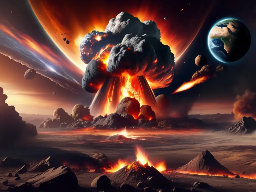 Dangerous asteroid on collision course with Earth, causing massive explosion and fires that engulf the planet