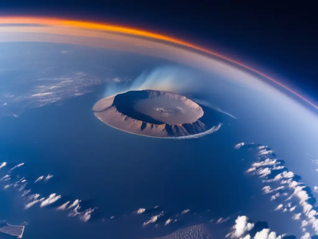 A panoramic view of Earth from the International Space Station, post-asteroid impact, reveals a crater in the center surrounded by smoke and ash