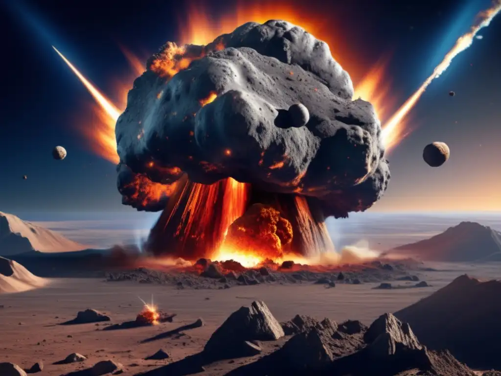 A devastating asteroid impact on Earth, photorealistically depicted with stunning details of the explosion and debris