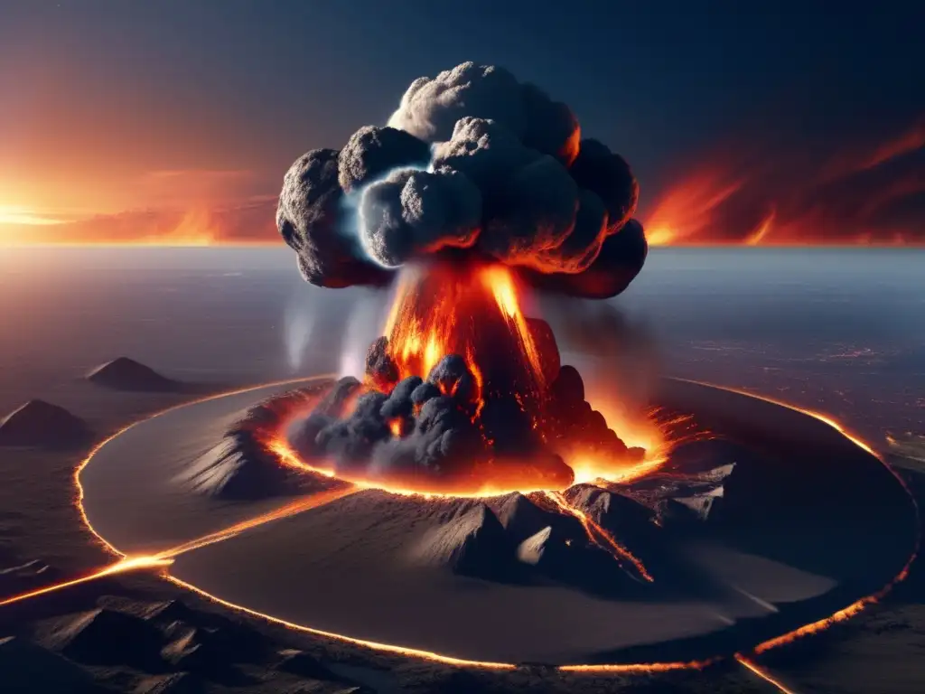 A photorealistic, 8k ultradefined image of an asteroid impact on Earth, showing a devastating explosion, fire, and smoke