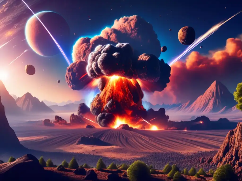 Asteroid impact on Earth-like planet, causing massive explosion and filling screen with debris and smoke