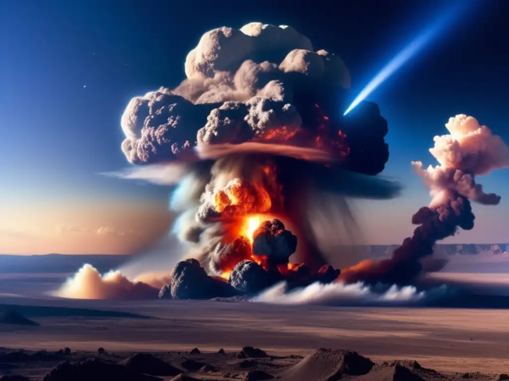 A photorealistic view of a massive asteroid impact on Earth, creating a giant explosion and sending debris into the atmosphere